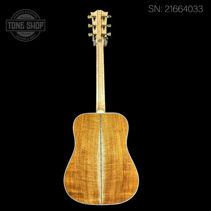 Full back of serial number 21664033 of Gibson Custom Shop Made 2 Measure All Koa Doves in Flight.