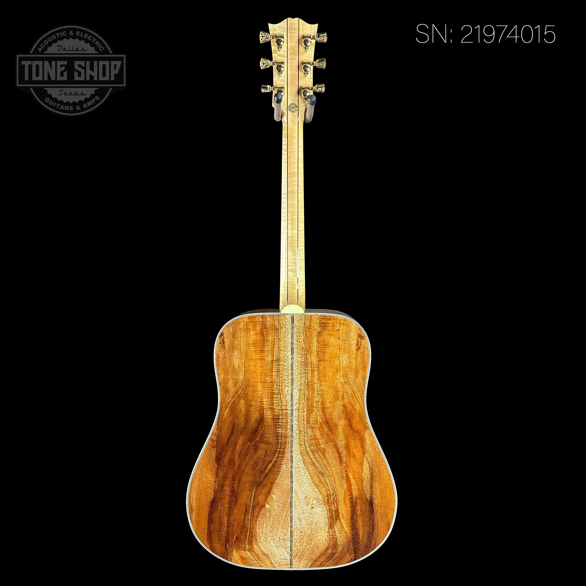 Full back of Gibson Custom Shop Made 2 Measure All Koa Doves in Flight serial number 21974015.