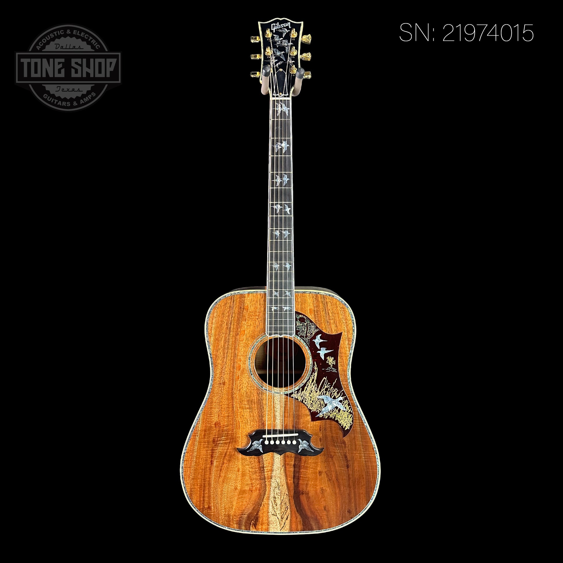 Full front of Gibson Custom Shop Made 2 Measure All Koa Doves in Flight serial number 21974015.