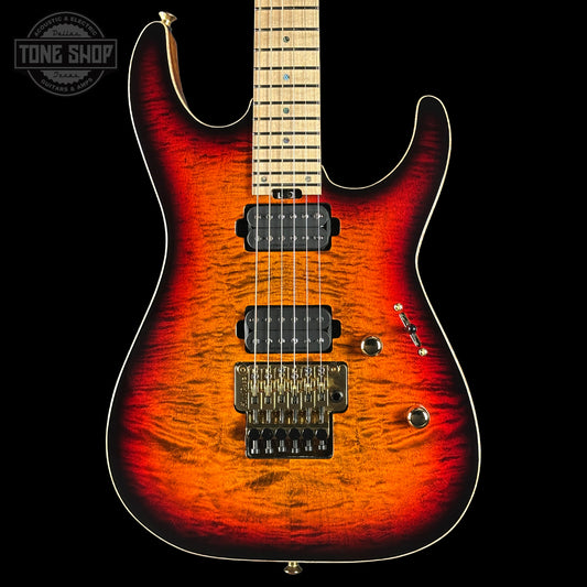 Front of ESP USA M-II Tiger Eye Sunburst Flamed Maple Floyd Rose SD2 GH.