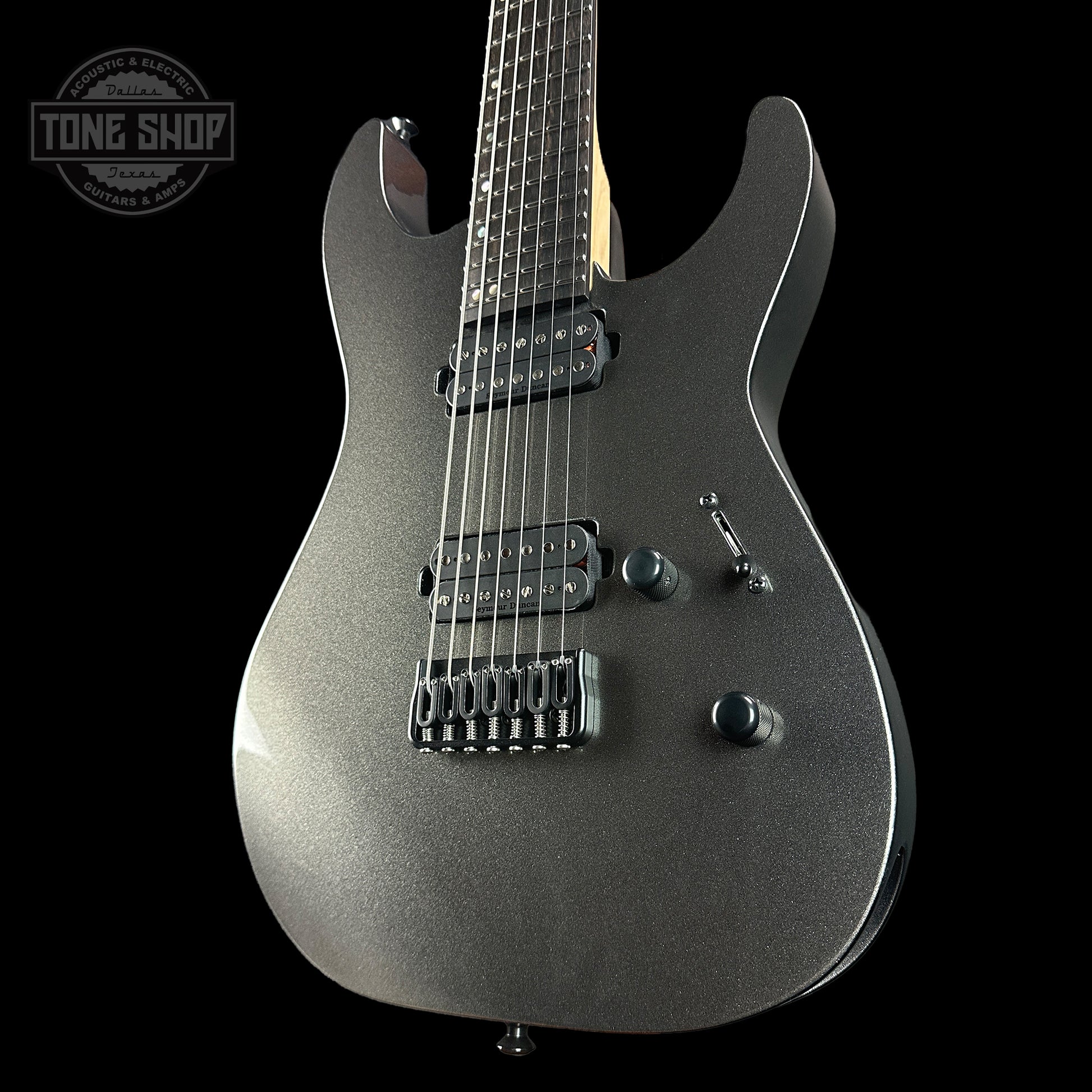 Front angle of ESP USA M-7 Baritone  Black Adamantium.