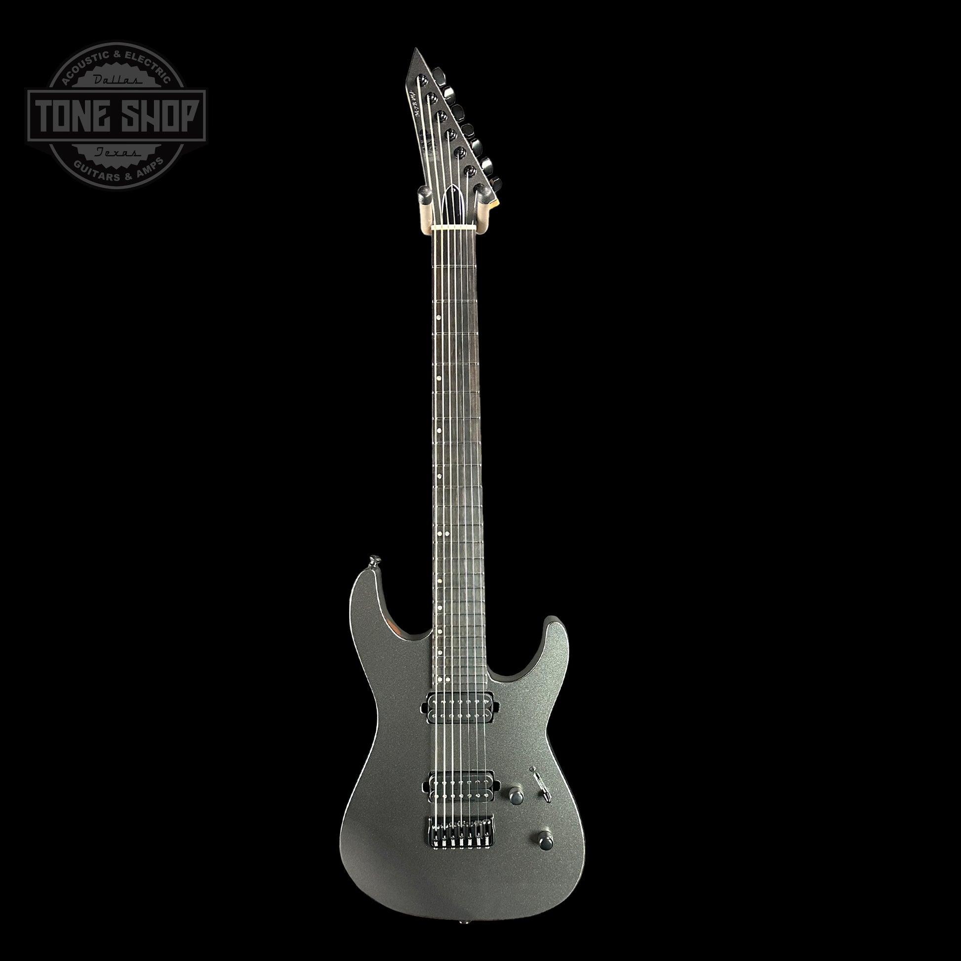 Full front of ESP USA M-7 Baritone  Black Adamantium.