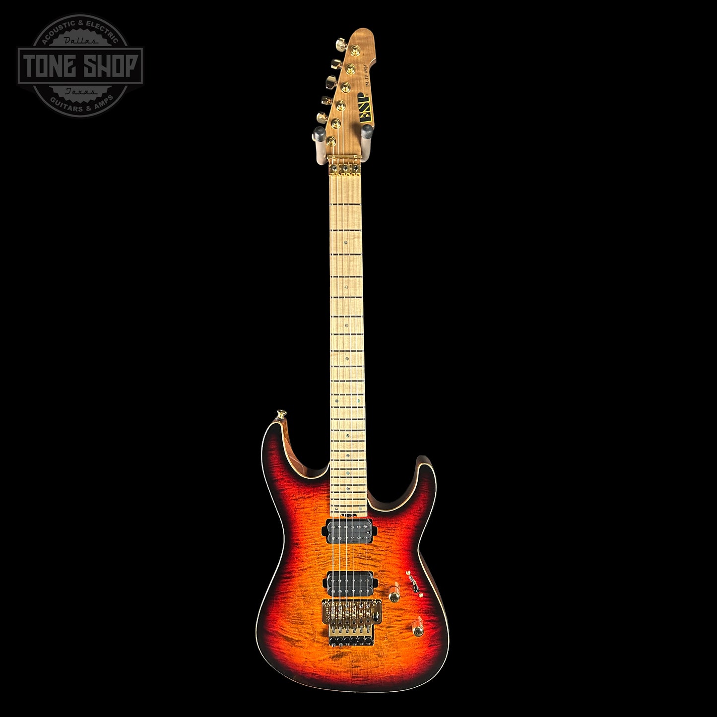 Full front of ESP USA M-II Tiger Eye Sunburst Flamed Maple Floyd Rose SD2 GH.