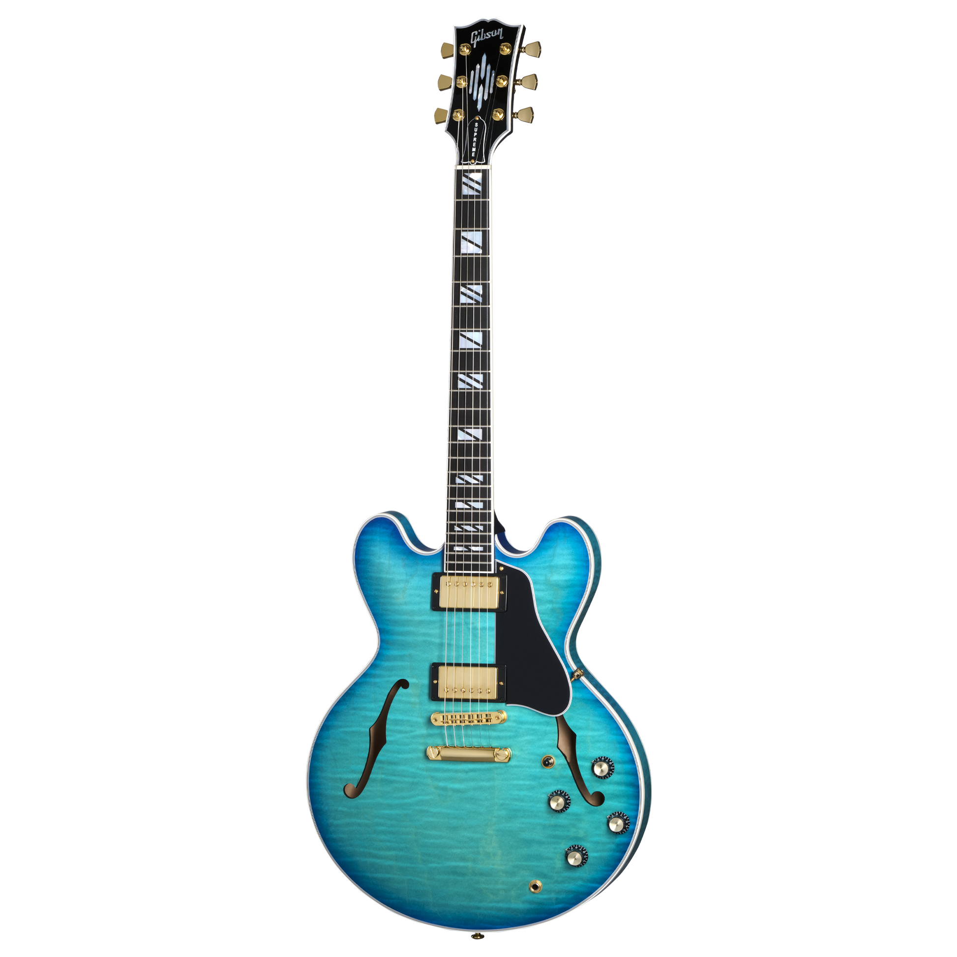 Full front shot of Gibson USA ES Supreme Blueberry Burst w/case