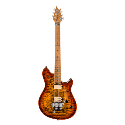 full front shot of EVH Wolfgang Special QM Baked Maple Fingerboard Tiger Eye Glow