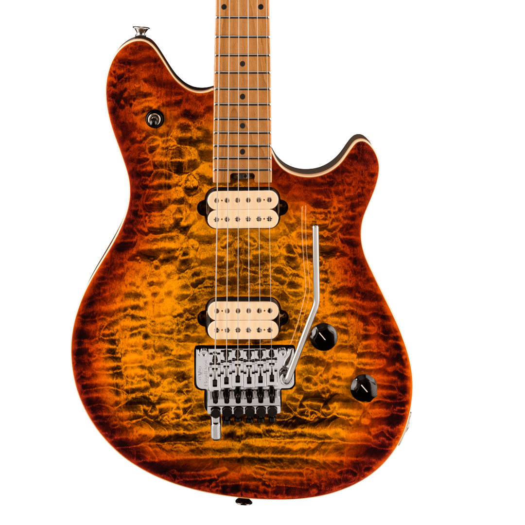 Closeup of EVH Wolfgang Special QM Baked Maple Fingerboard Tiger Eye Glow