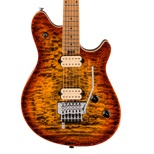 Closeup of EVH Wolfgang Special QM Baked Maple Fingerboard Tiger Eye Glow