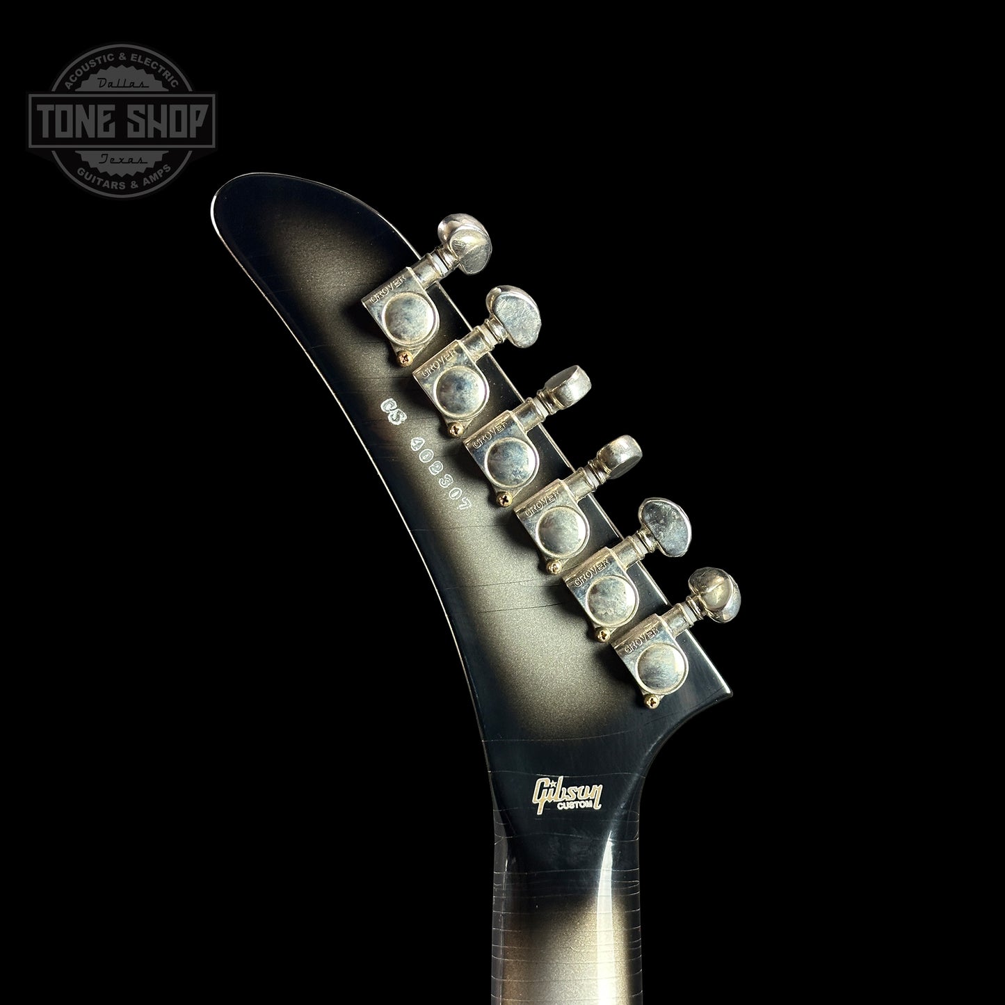 Back of headstock of Gibson Custom Shop Explorer Custom Silverburst Murphy Lab Ultra Light Aged NH.