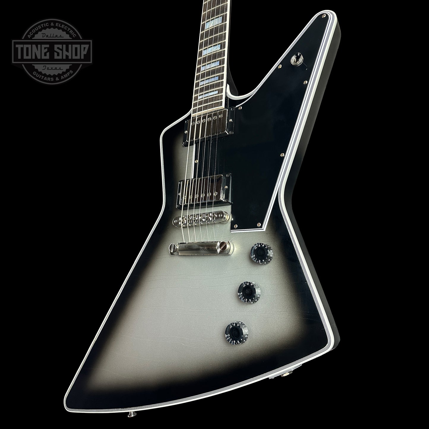 Front angle of Gibson Custom Shop Explorer Custom Silverburst Murphy Lab Ultra Light Aged NH.