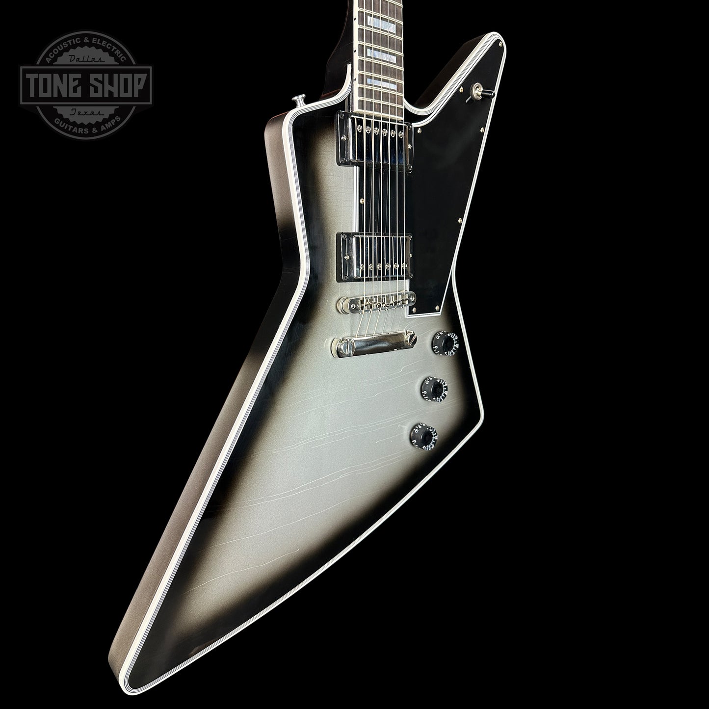 Front angle of Gibson Custom Shop Explorer Custom Silverburst Murphy Lab Ultra Light Aged NH.