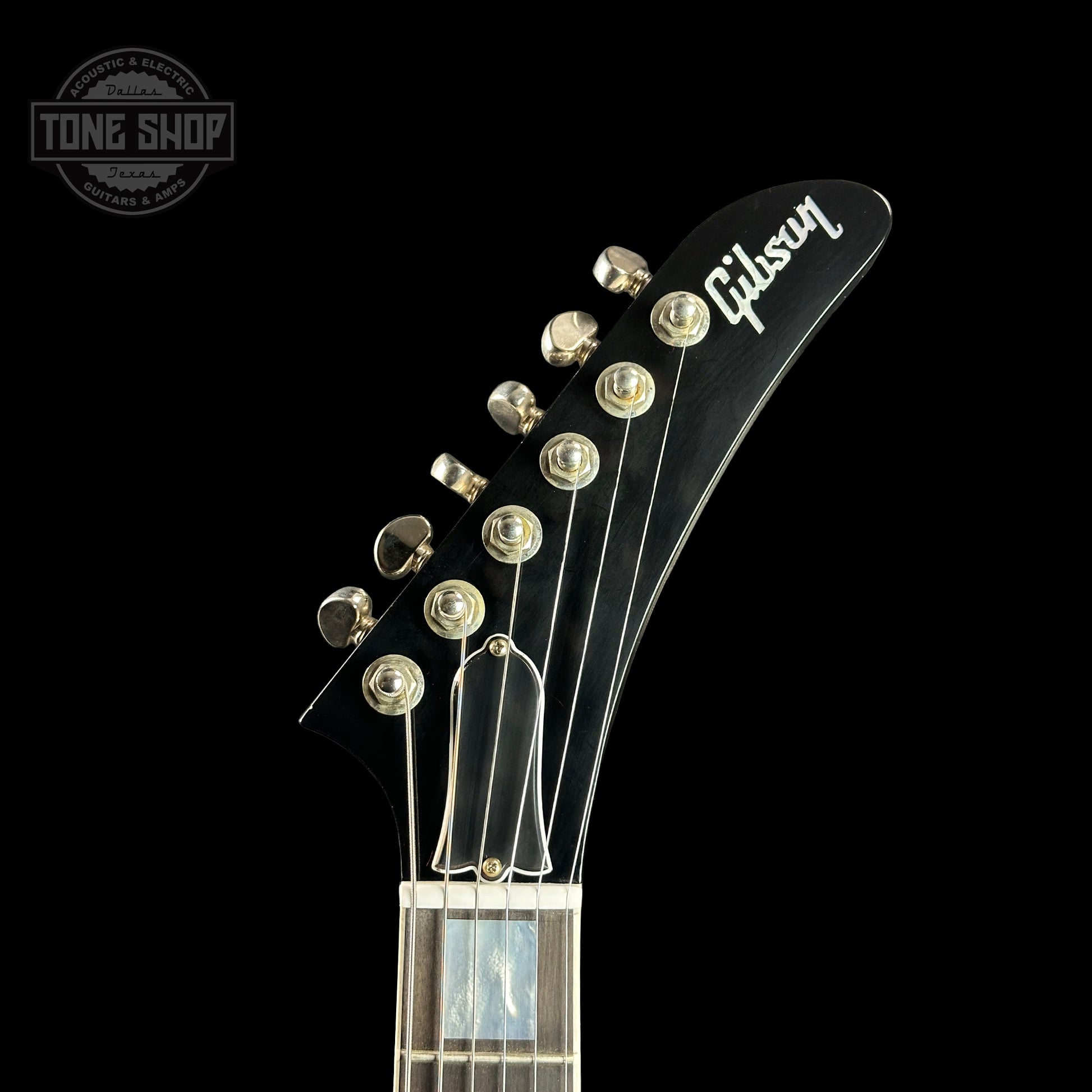 Front of headstock of Gibson Custom Shop Explorer Custom Silverburst Murphy Lab Ultra Light Aged NH.