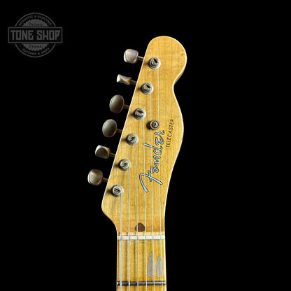 Front of headstock of Fender Custom Shop Time Machine '54 Tele Relic Faded Aged Nocaster Blonde.