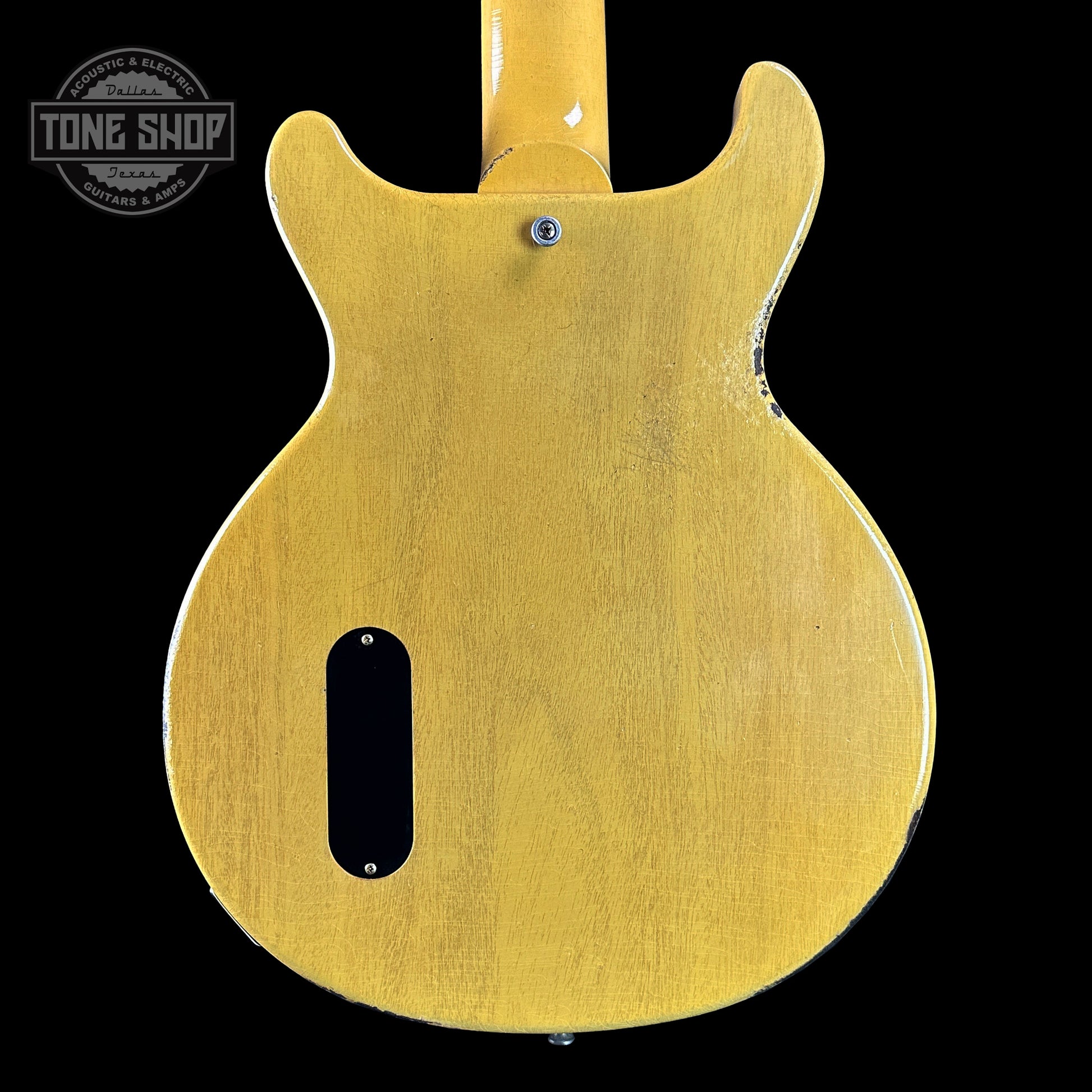 Back of Gibson Custom Shop 1958 Les Paul Junior Double Cut TV Yellow Murphy Lab Heavy Aging.