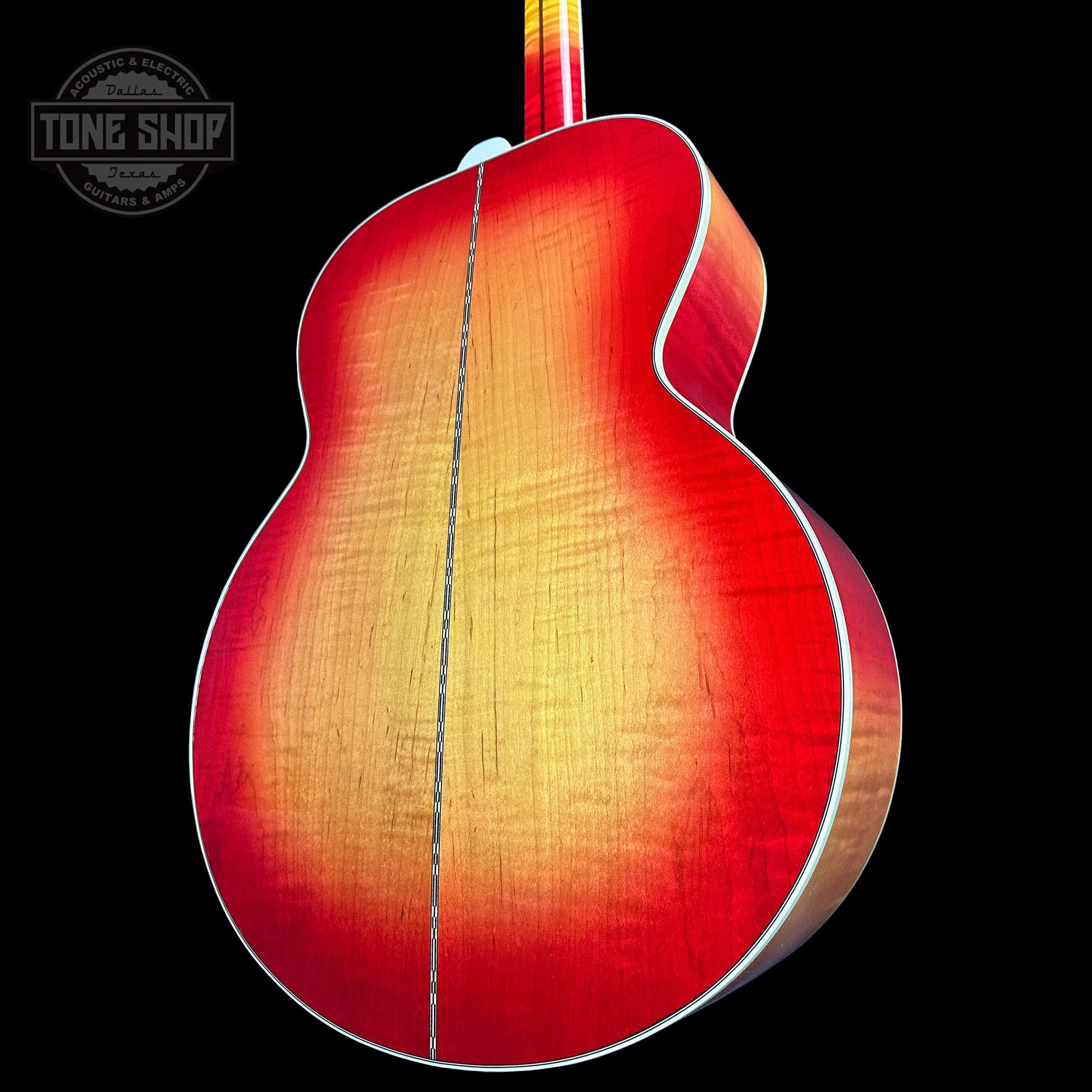 Back angle of Gibson Custom Shop Johnny Cash SJ-200 Vintage Cherry Sunburst.