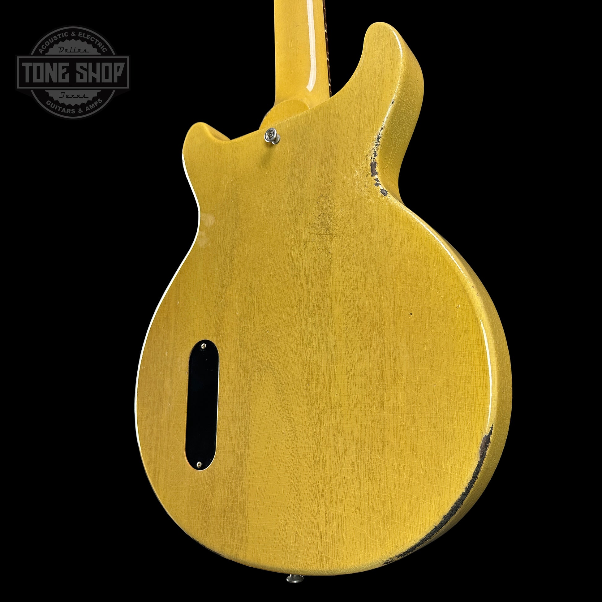 Back angle of Gibson Custom Shop 1958 Les Paul Junior Double Cut TV Yellow Murphy Lab Heavy Aging.