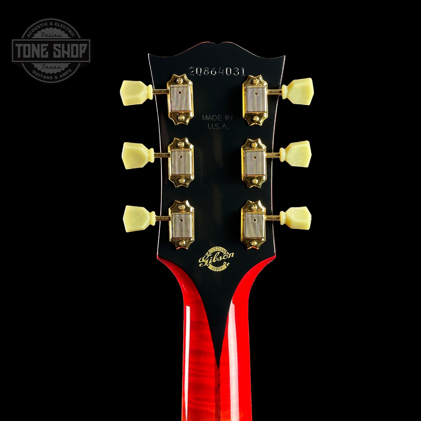 Back of headstock of Gibson Custom Shop Johnny Cash SJ-200 Vintage Cherry Sunburst.