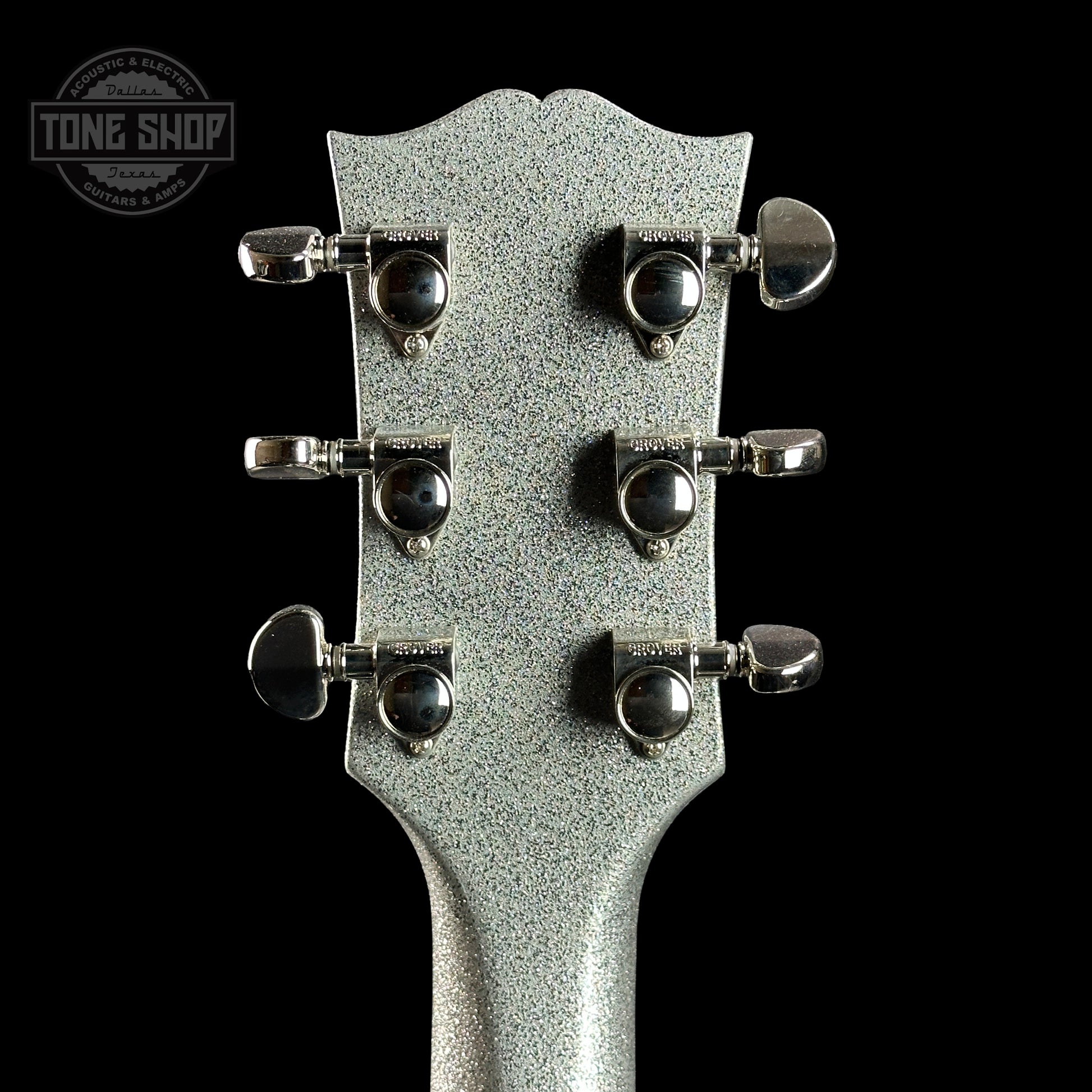 Back of headstock of Gibson Custom Shop 1959 ES-355 Reissue Diamond F-Holes Silver Sparkle Heavy Flake Gloss.