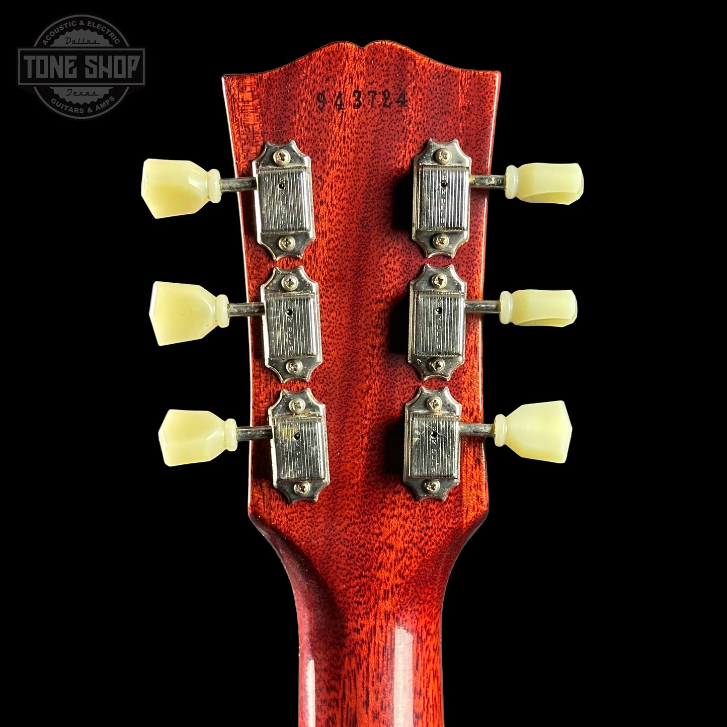 Back of headstock of Gibson Custom Shop Made 2 Measure 1959 Les Paul Standard Lemon Burst Chambered Murphy Lab Ultra Light Aged.