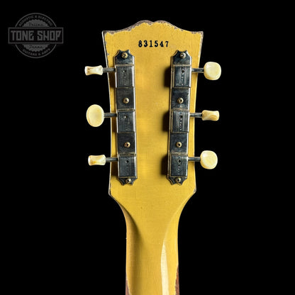 Back of headstock of Gibson Custom Shop 1958 Les Paul Junior Double Cut TV Yellow Murphy Lab Heavy Aging.