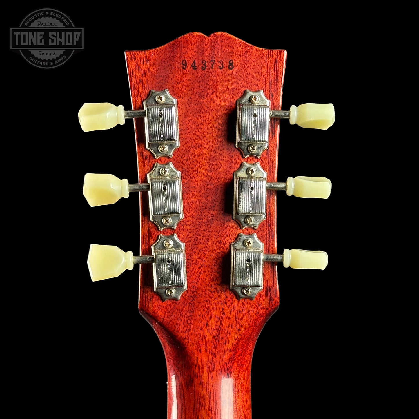 Back of headstock of Gibson Custom Shop Made 2 Measure 1959 Les Paul Standard Chambered Lemon Burst VOS.