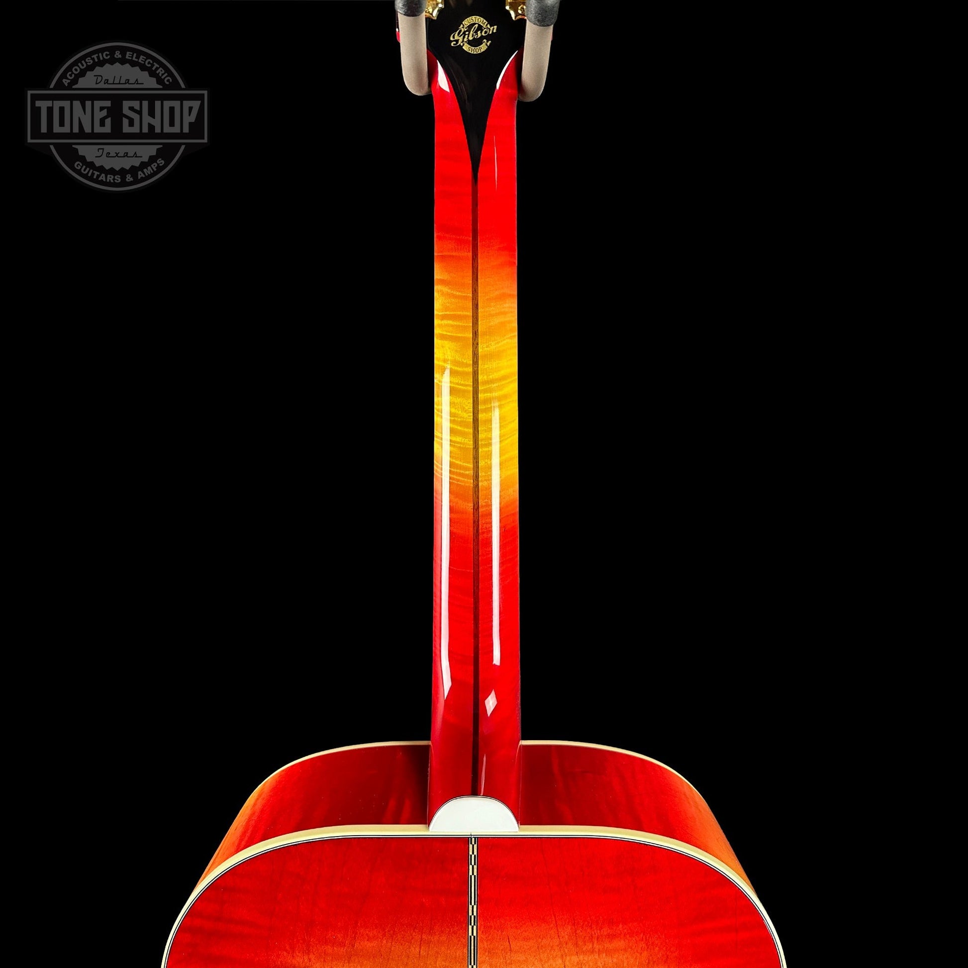 Back of neck of Gibson Custom Shop Johnny Cash SJ-200 Vintage Cherry Sunburst.