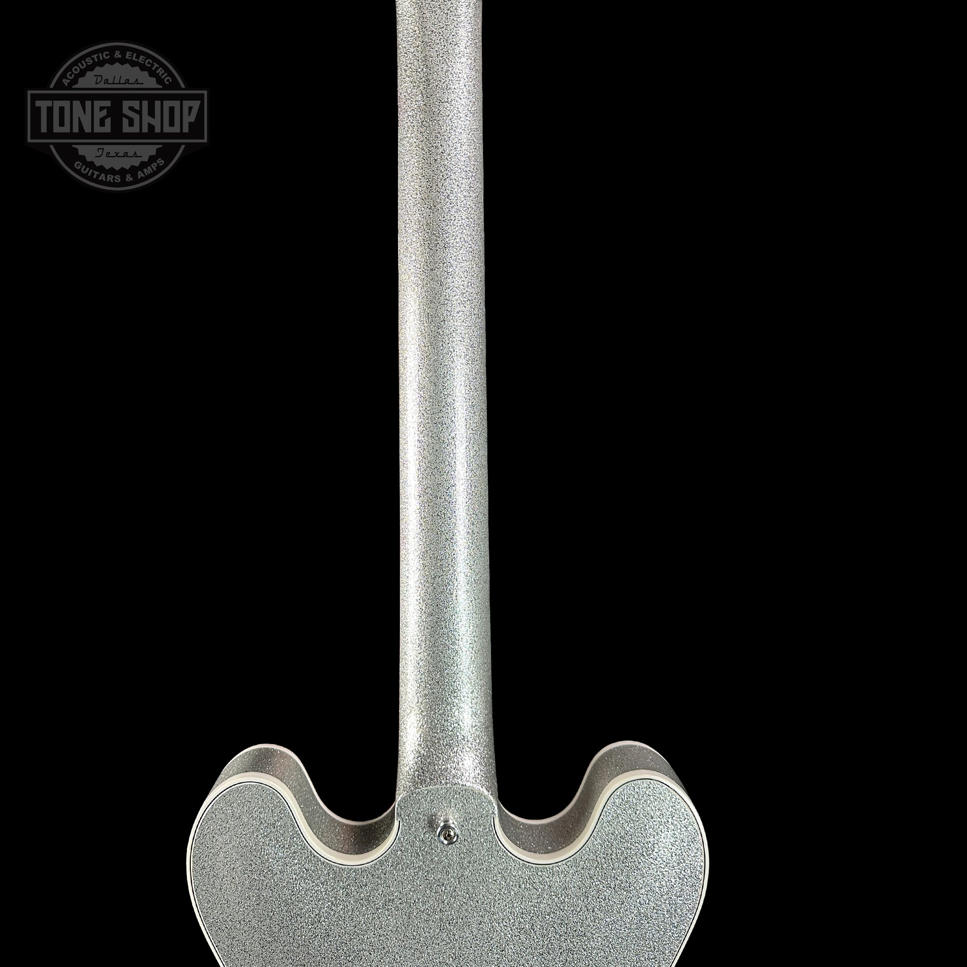 Back of neck of Gibson Custom Shop 1959 ES-355 Reissue Diamond F-Holes Silver Sparkle Heavy Flake Gloss.