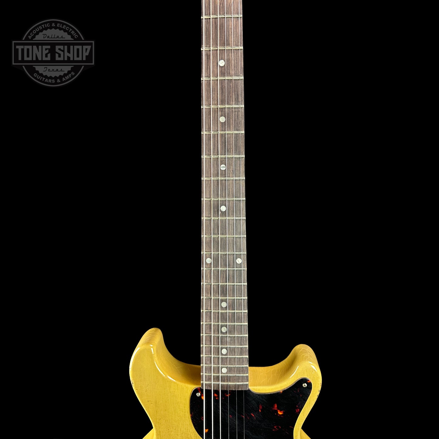 Fretboard of Gibson Custom Shop 1958 Les Paul Junior Double Cut TV Yellow Murphy Lab Heavy Aging.