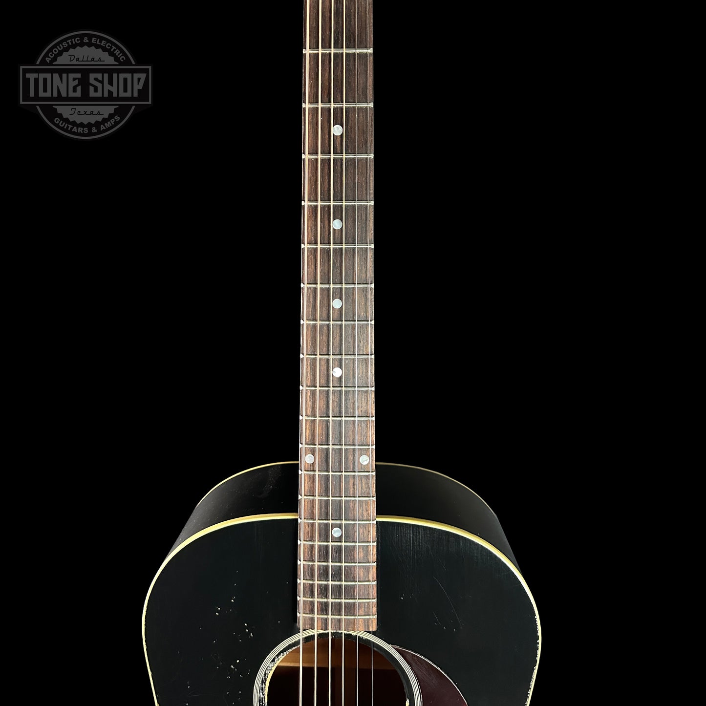 Fretboard of Gibson Custom Shop Made 2 Measure 1942 Banner J-45 Murphy Lab Light Aged Ebony.