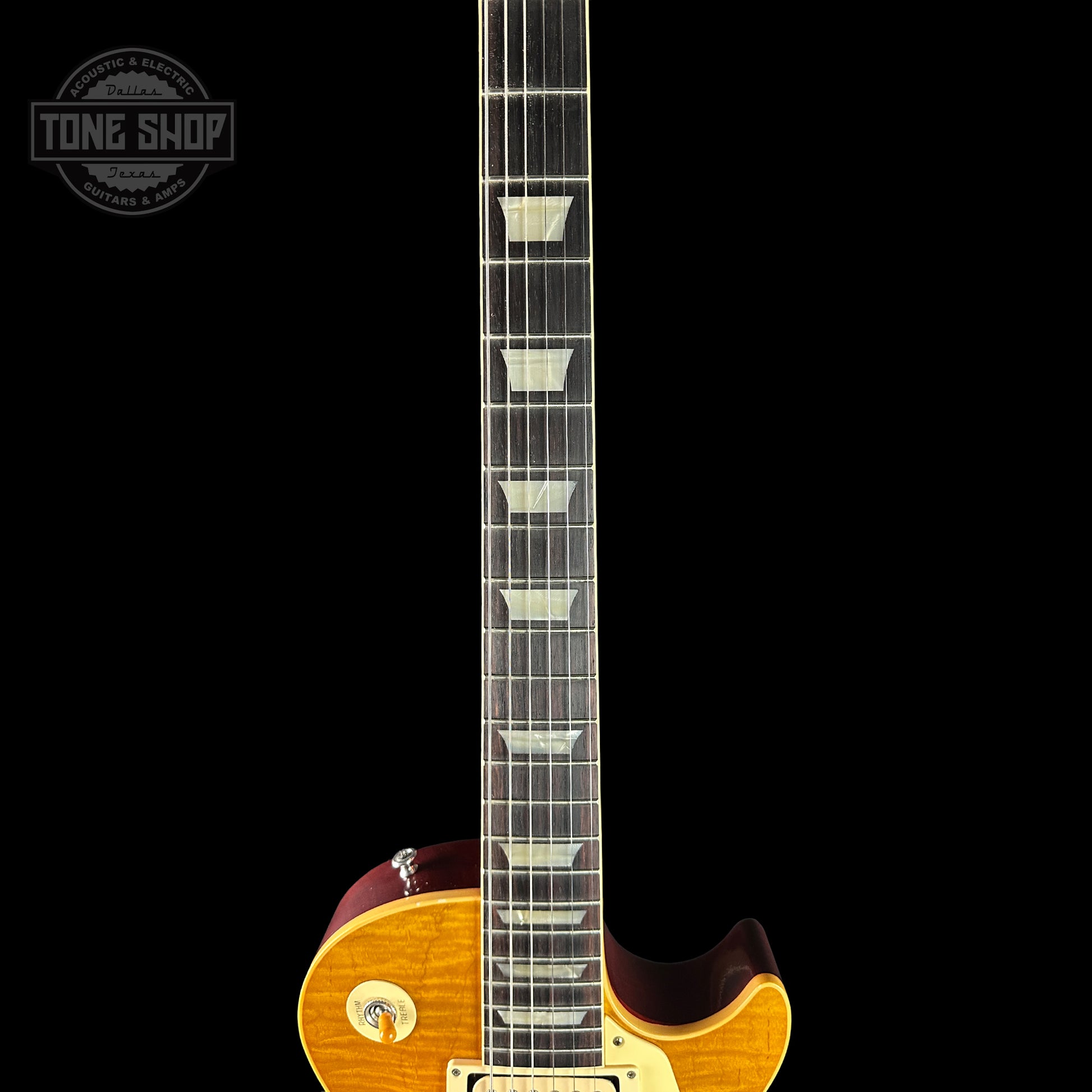 Fretboard of Gibson Custom Shop Made 2 Measure 1959 Les Paul Standard Chambered Lemon Burst Murphy Lab Light Aged 57 Classic "Double Classic White".