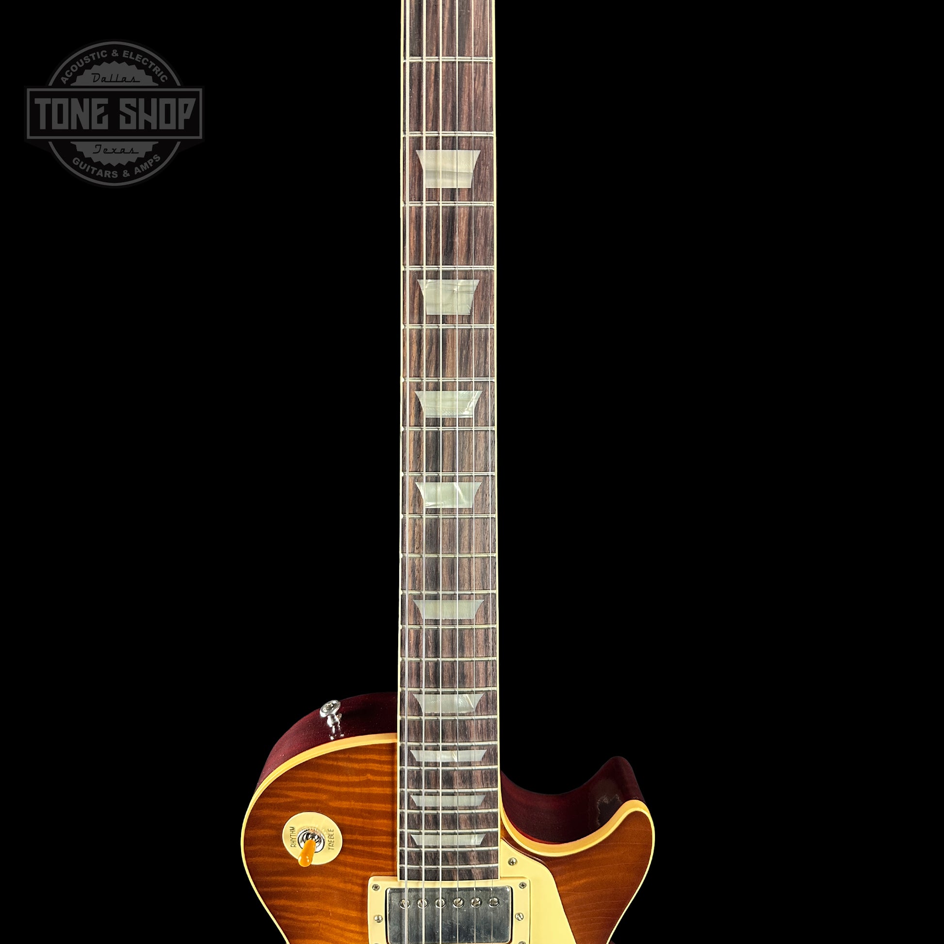 Fretboard of Gibson Custom Shop Made 2 Measure 1959 Les Paul Standard Chambered SITF Tejas Burst Murphy Lab Ultra Light Aged.