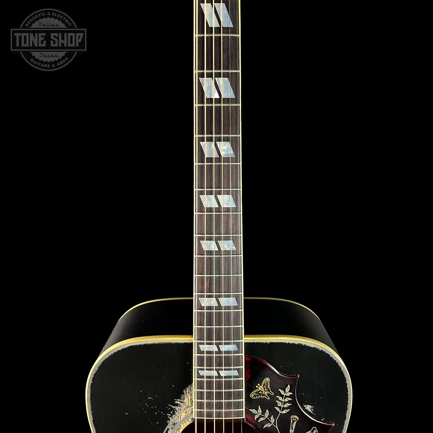 Fretboard of Gibson Custom Shop Dealer Select 1960 Hummingbird Ebony Heavy Aged.