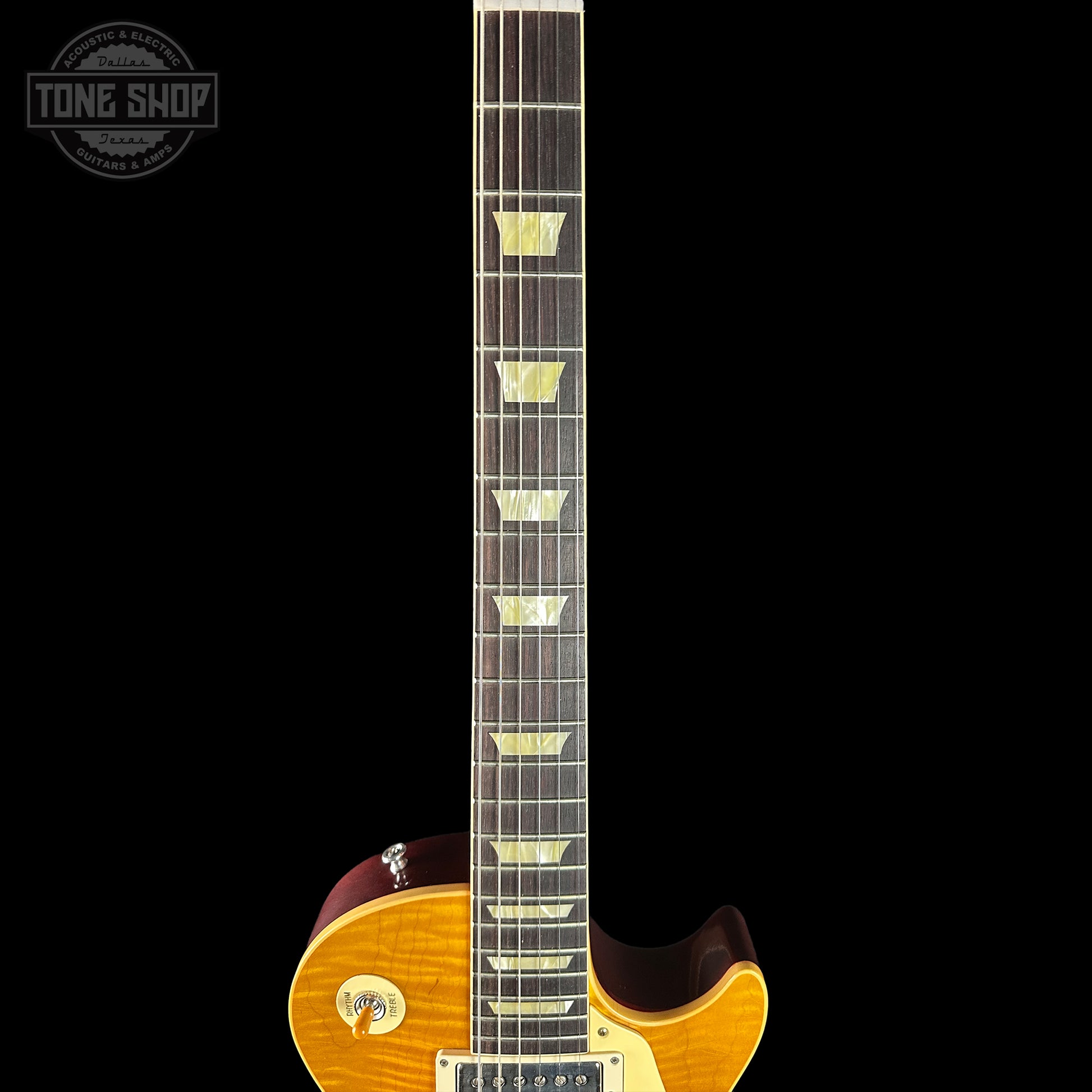 Fretboard of Gibson Custom Shop Made 2 Measure 1959 Les Paul Standard Lemon Burst Chambered Murphy Lab Ultra Light Aged.