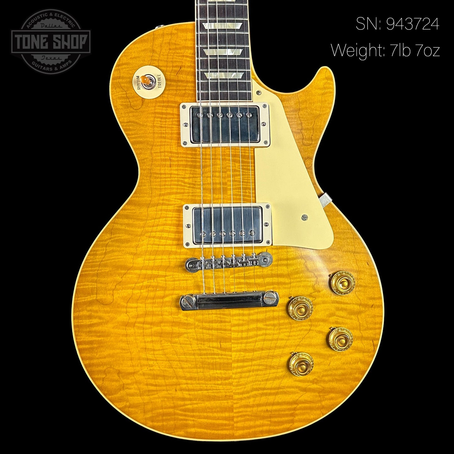 Front of serial number 943724 of Gibson Custom Shop Made 2 Measure 1959 Les Paul Standard Lemon Burst Chambered Murphy Lab Ultra Light Aged.