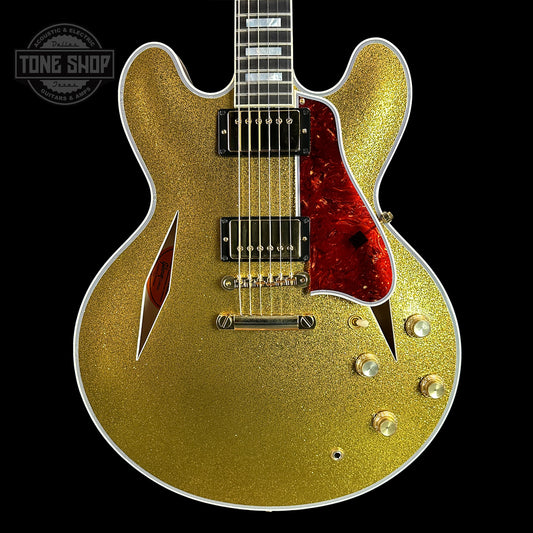 Front of Gibson Custom Shop 1959 ES-355 Reissue Diamond F-Holes Gold Sparkle Heavy Flake Gloss.