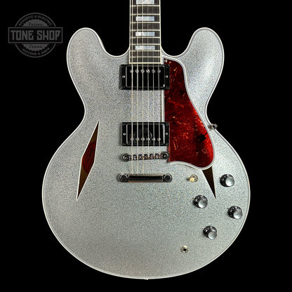 Front of Gibson Custom Shop 1959 ES-355 Reissue Diamond F-Holes Silver Sparkle Heavy Flake Gloss.