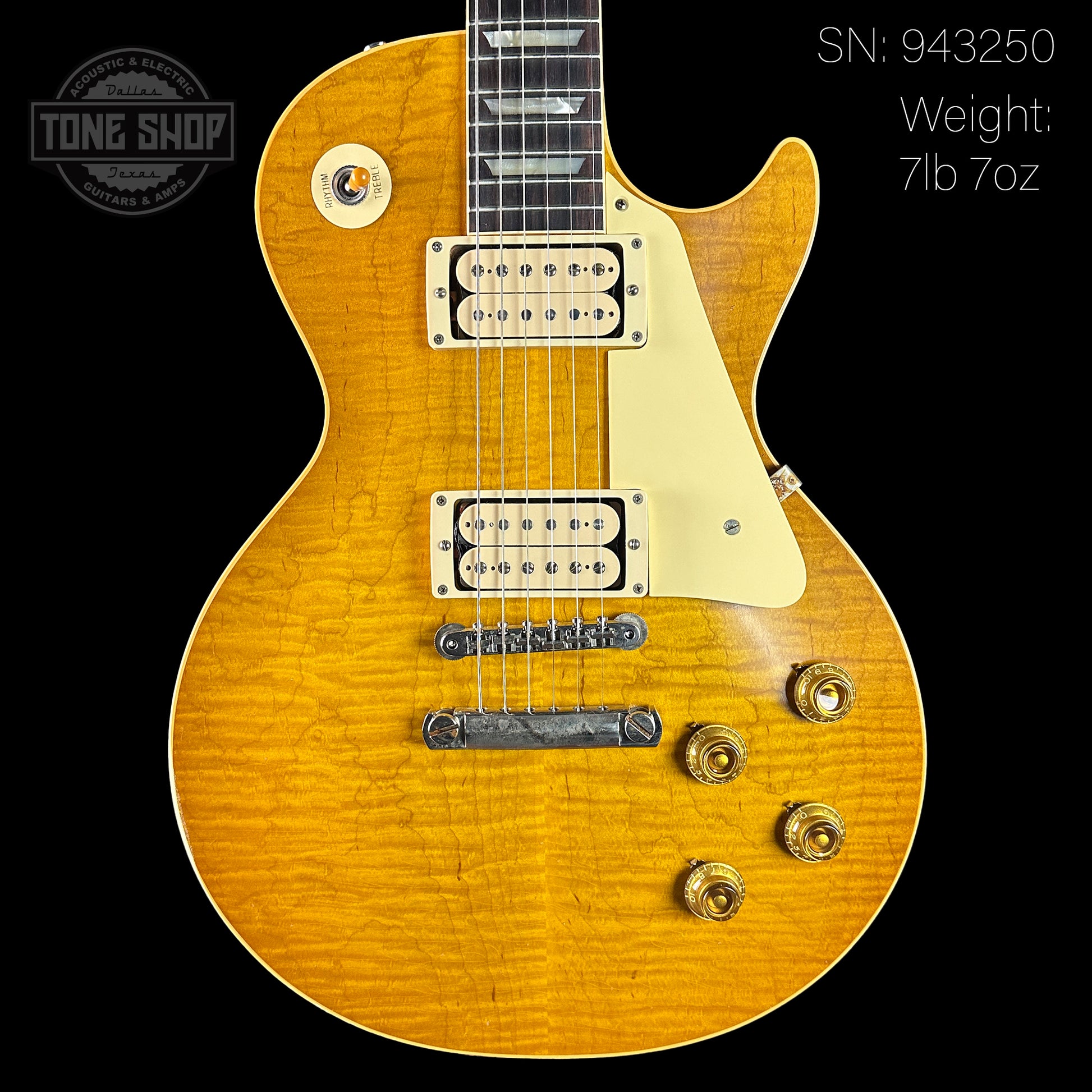 Front of Gibson Custom Shop Made 2 Measure 1959 Les Paul Standard Chambered Lemon Burst Murphy Lab Light Aged 57 Classic "Double Classic White".