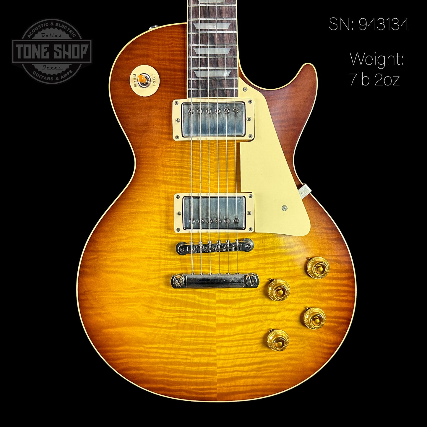 Front of serial number 943134 of Gibson Custom Shop Made 2 Measure 1959 Les Paul Standard Chambered SITF Tejas Burst Murphy Lab Ultra Light Aged.