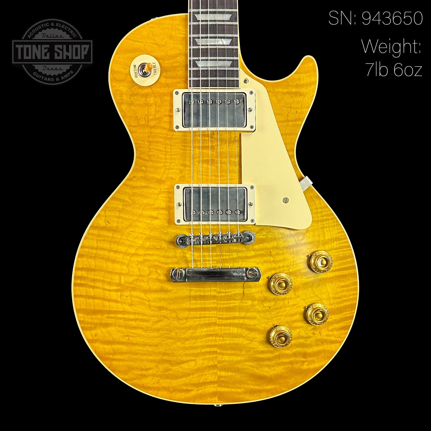 Front of Gibson Custom Shop Made 2 Measure 1959 Les Paul Standard Chambered Lemon Burst VOS.