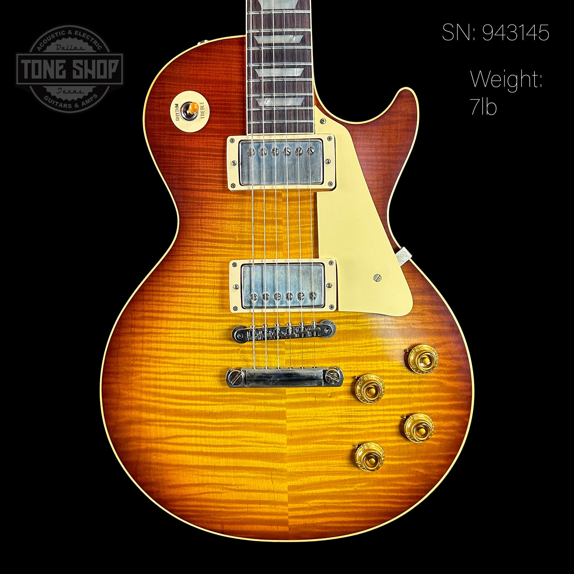 Front of serial number 943145 of Gibson Custom Shop Made 2 Measure 1959 Les Paul Standard Chambered SITF Tejas Burst Murphy Lab Ultra Light Aged.