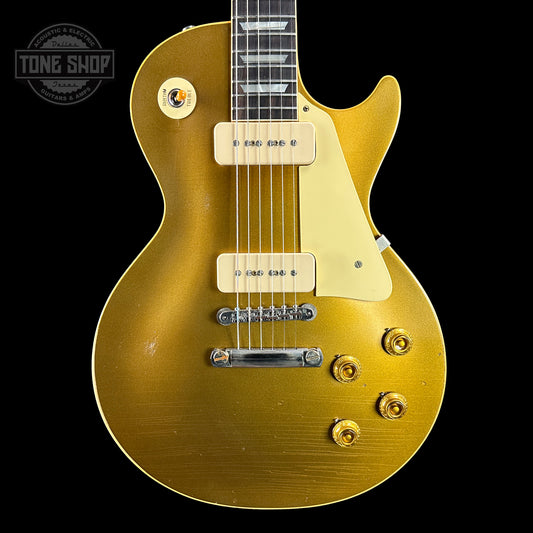 Front of Gibson Custom Shop M2M 1956 Les Paul Standard Chambered Goldtop Murphy Lab Light Aged.