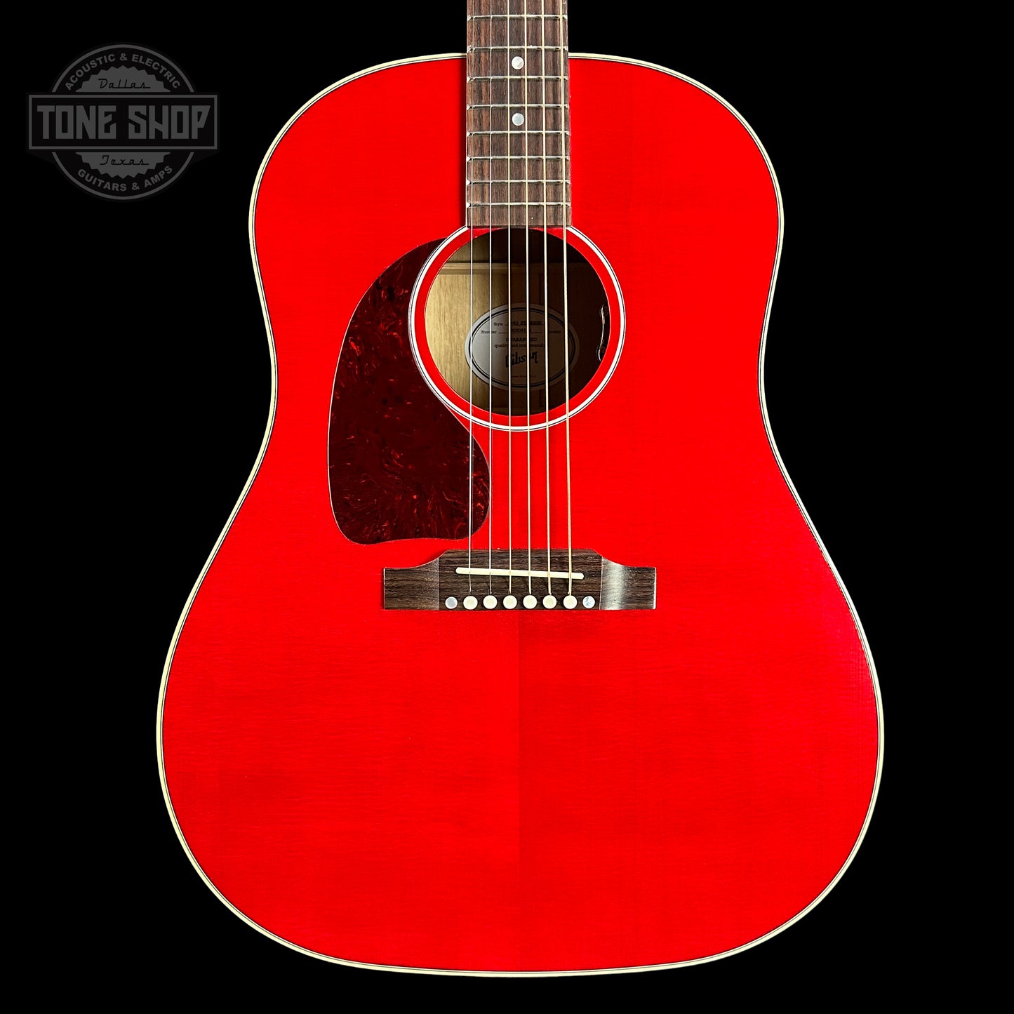 Front of Gibson J-45 Standard Left Handed Cherry.