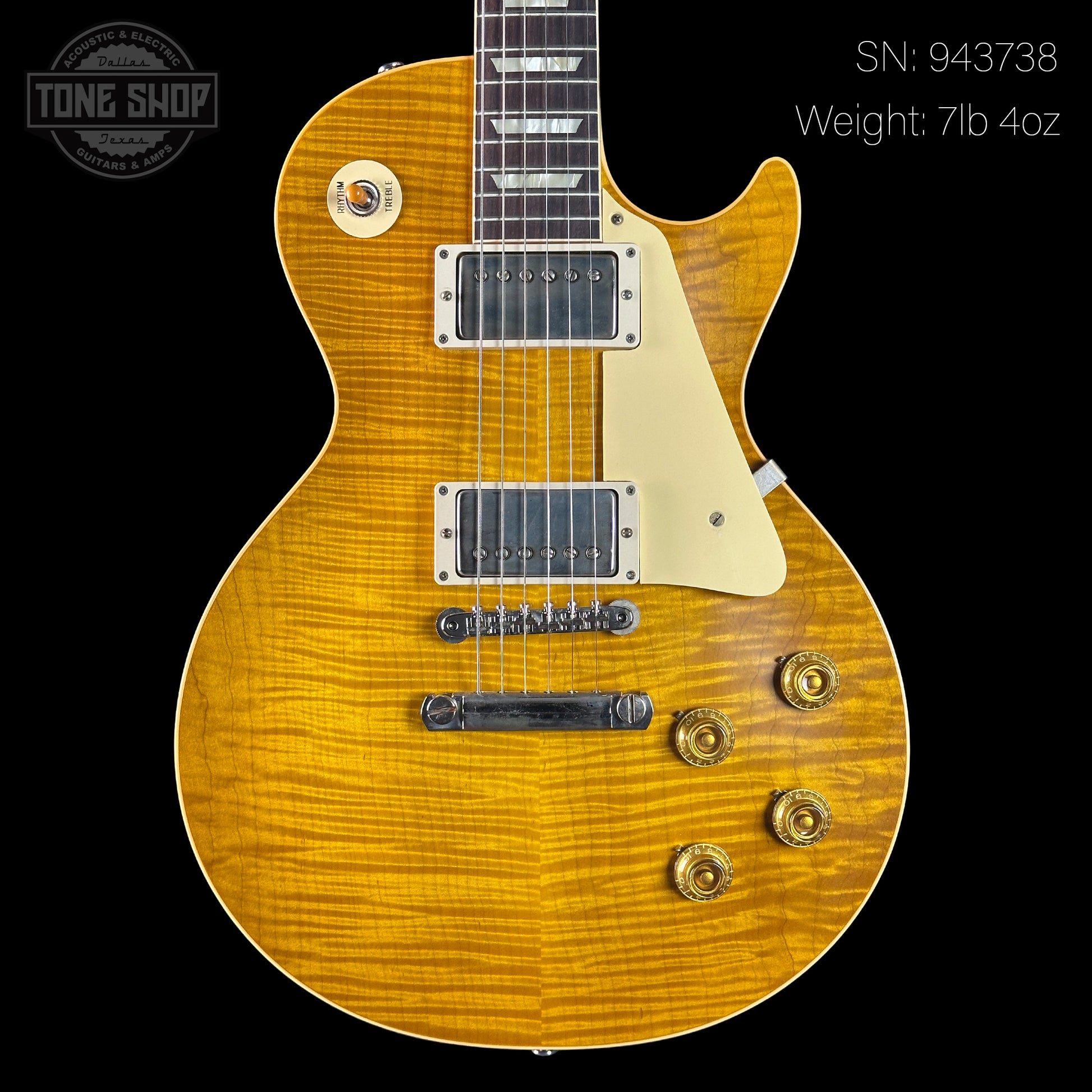 Front of Gibson Custom Shop Made 2 Measure 1959 Les Paul Standard Chambered Lemon Burst VOS.