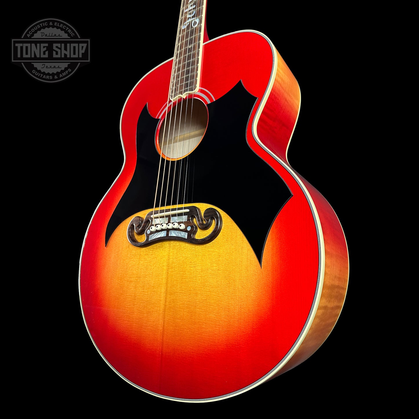 Front angle of Gibson Custom Shop Johnny Cash SJ-200 Vintage Cherry Sunburst.