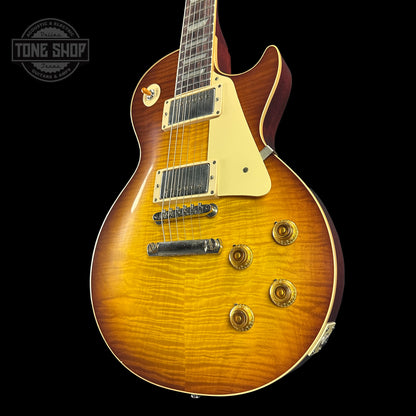 Front angle of Gibson Custom Shop Made 2 Measure 1959 Les Paul Standard Chambered SITF Tejas Burst Murphy Lab Ultra Light Aged.