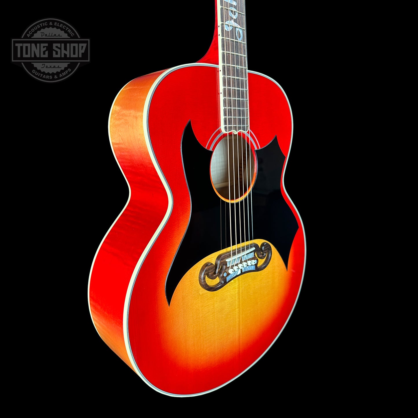 Front angle of Gibson Custom Shop Johnny Cash SJ-200 Vintage Cherry Sunburst.