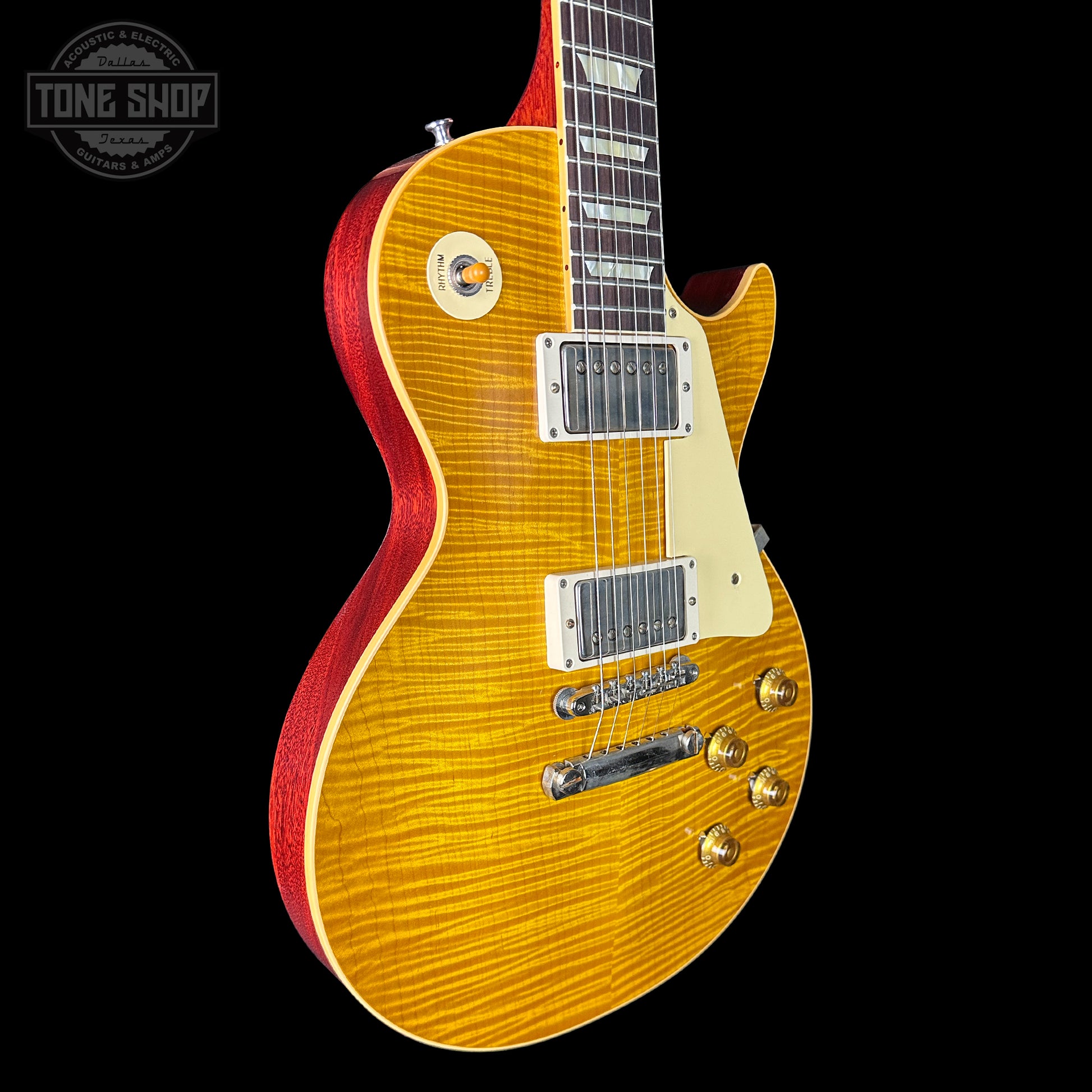 Front angle of Gibson Custom Shop Made 2 Measure 1959 Les Paul Standard Chambered Lemon Burst VOS.