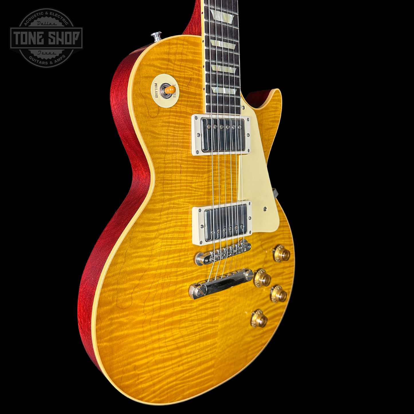 Front angle of Gibson Custom Shop Made 2 Measure 1959 Les Paul Standard Lemon Burst Chambered Murphy Lab Ultra Light Aged.