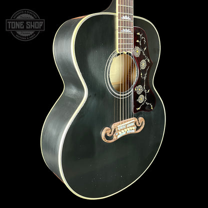 Front angle of Gibson Custom Shop M2M 1957 SJ-200 Murphy Lab Light Aged  Ebony.