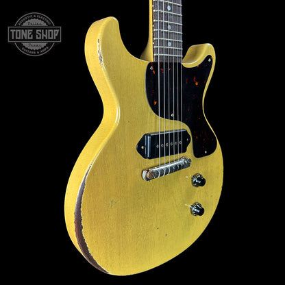 Front angle of Gibson Custom Shop 1958 Les Paul Junior Double Cut TV Yellow Murphy Lab Heavy Aging.