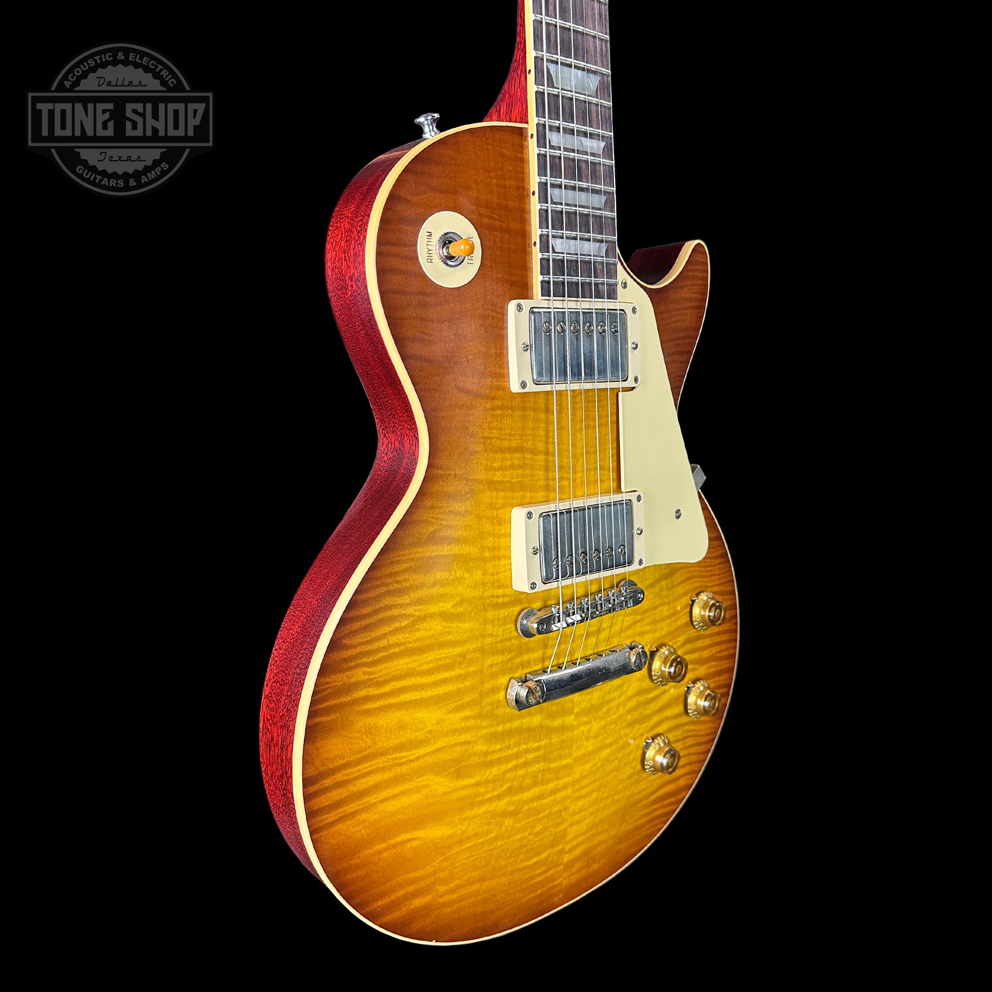 Front angle of Gibson Custom Shop Made 2 Measure 1959 Les Paul Standard Chambered SITF Tejas Burst Murphy Lab Ultra Light Aged.